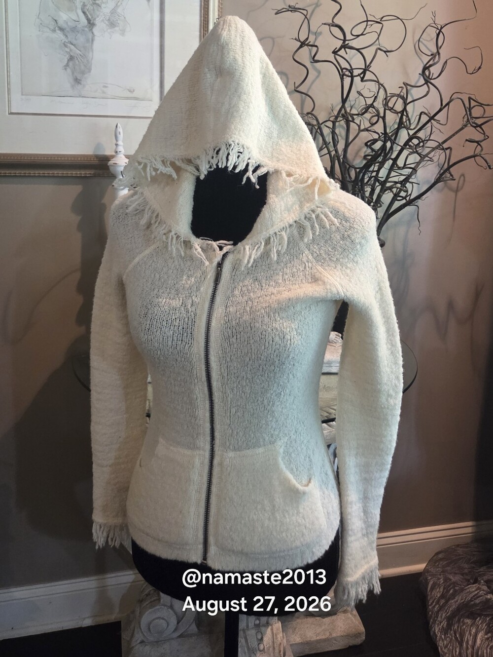 Bebe Merino Wool Blend Cardigan Zip Up Sweater Fringe Off White Designer #120